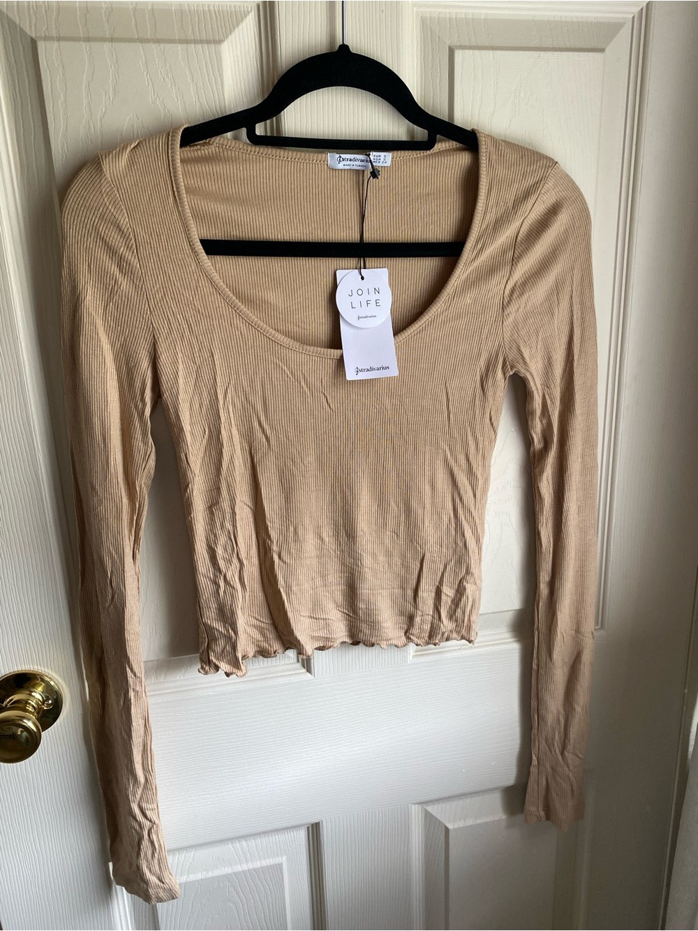 Zara Beige Ribbed Scoop Neck Long Sleeve Top